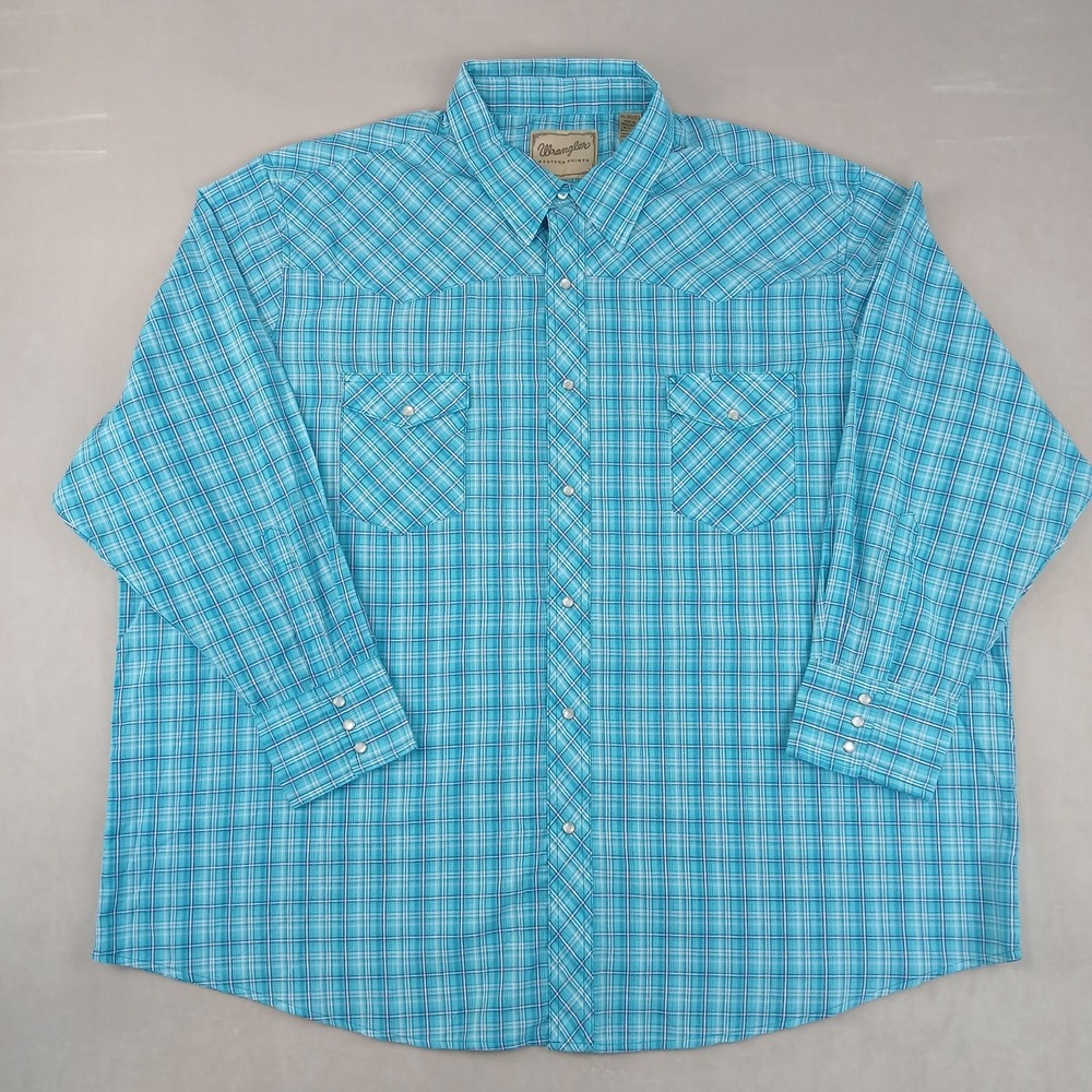 VTG Wrangler 3XL Mens Shirt Western Cowboy Pearl‎ Plaid 31x32 90s